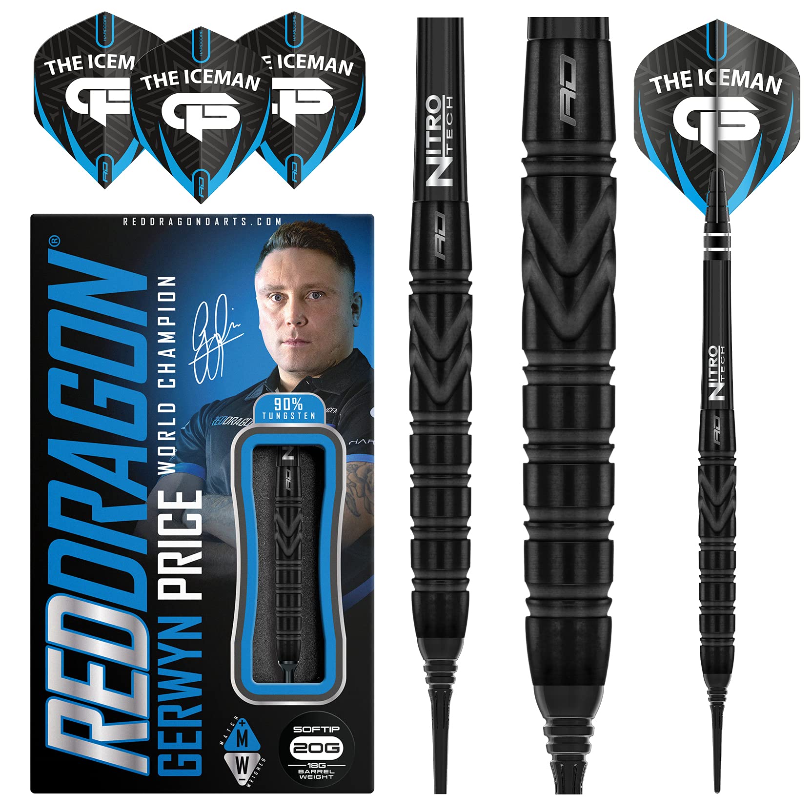 RED DRAGON Gerwyn Price Iceman Black SE Softip 20g - Tungsten Darts Set mit Flights und Schäfte