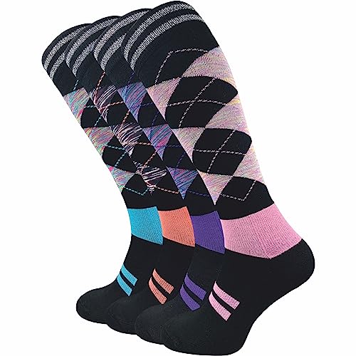 GAWILO Damen Reitsocken (4er-Pack) karierte Kniestrümpfe | dämpfende Plüschsohle | ohne drückende Naht | 80% Baumwolle (39-42, schwarz | multicolour 2)