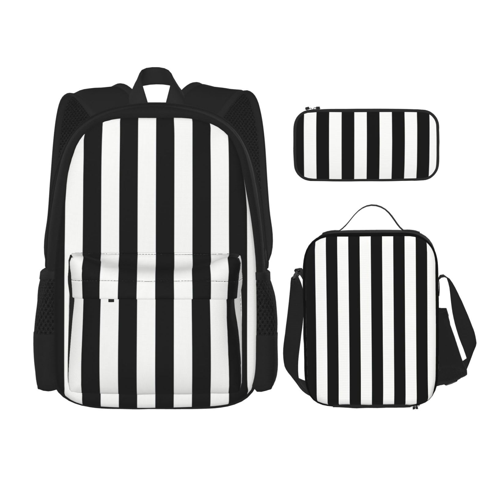 WURTON 3-in-1 Büchertaschen-Set, verstellbarer Schulter-Rucksack, Lunch-Tasche, Federmäppchen, Tasche, Schwarz, Einheitsgröße