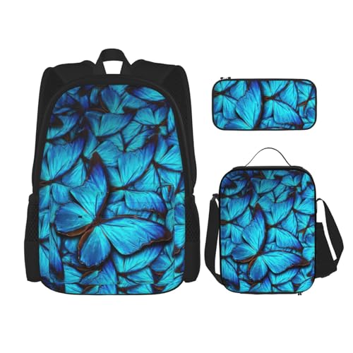 WURTON Viele blaue Schmetterlinge Druck verstellbare Schultergurte Rucksack Set Mittagessen Tasche Federmäppchen Kombination Taschen Set