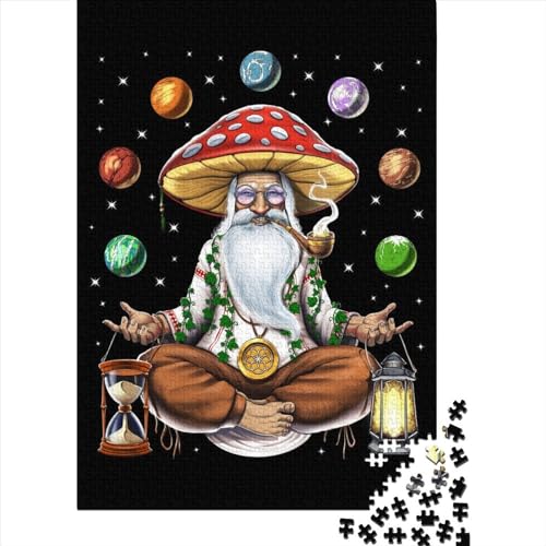 1000 Teile für Erwachsene, schwieriges Puzzle, Hippie-Pilz-Meditation, Holzpuzzle für Erwachsene mit passendem Poster und Infoblatt (75 x 40 cm)