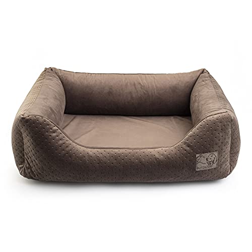 Exclusive Hundebett | Hundeliege, Hundekörbchen mit Kissen | Hundesofa für kleine und mittlere Hunde | Große: M - 75 x 66 x 20 cm | Farbe: Velvet Braun