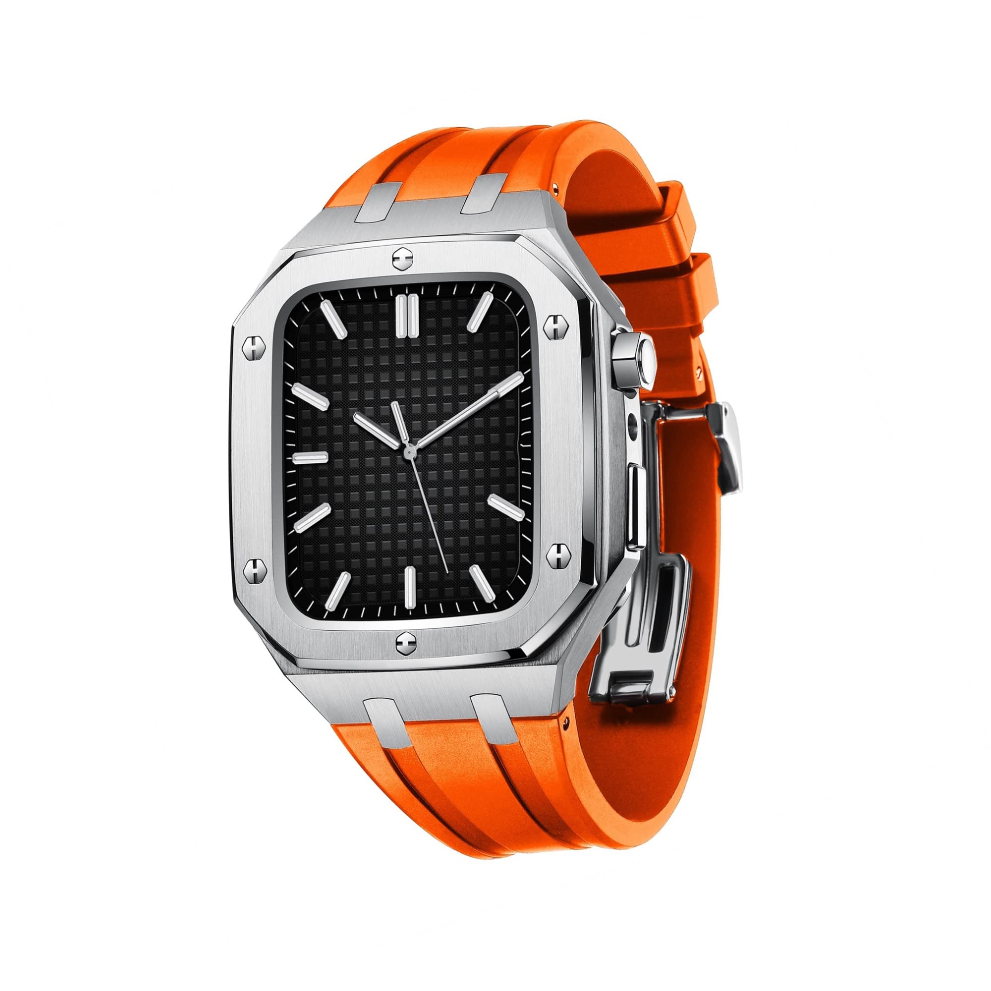 KANUZ Silikon-Uhrenarmband, Metallgehäuse für Apple Watch Serie 8, 45 mm, 44 mm, Modifikationsset, Zubehör, Uhrenarmbänder für iWatch SE/4/5/6/7 Serie mit Werkzeugen (Farbe: Silber-Orange, Größe: 45