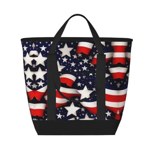 YQxwJL Isolierte Kühltasche mit amerikanischer Flagge, Sterne, Streifen, großes Fassungsvermögen, Einkaufstasche, Reisen, Strand, wiederverwendbare Einkaufstasche für Erwachsene, Schwarz,