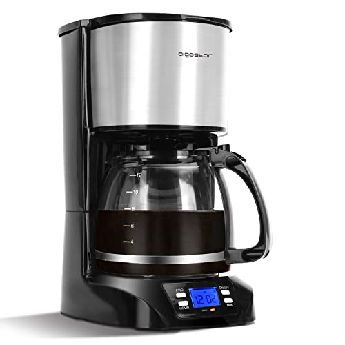 Aigostar Benno - Digitale Kaffeemaschine, Programmierbarer Timer, bis 12 Tassen, 1,5l Glaskanne, Warmhalteplatte, Tropf-Stopp, 800Watt, Filterkaffeemaschine Edelstahl/Schwarz