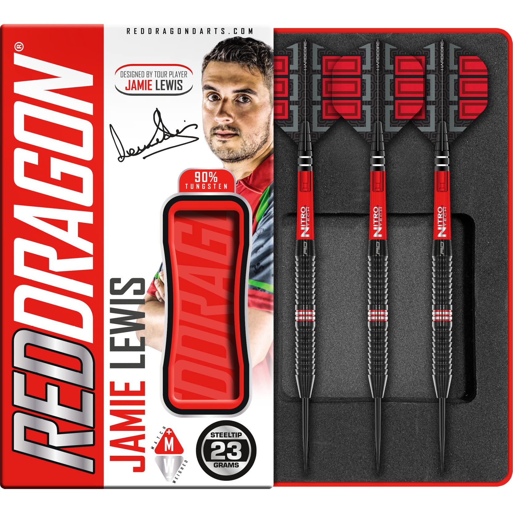 RED DRAGON Jamie Lewis SE 23 Gramm Premium Tungsten Darts Set mit Flüge und Stielen