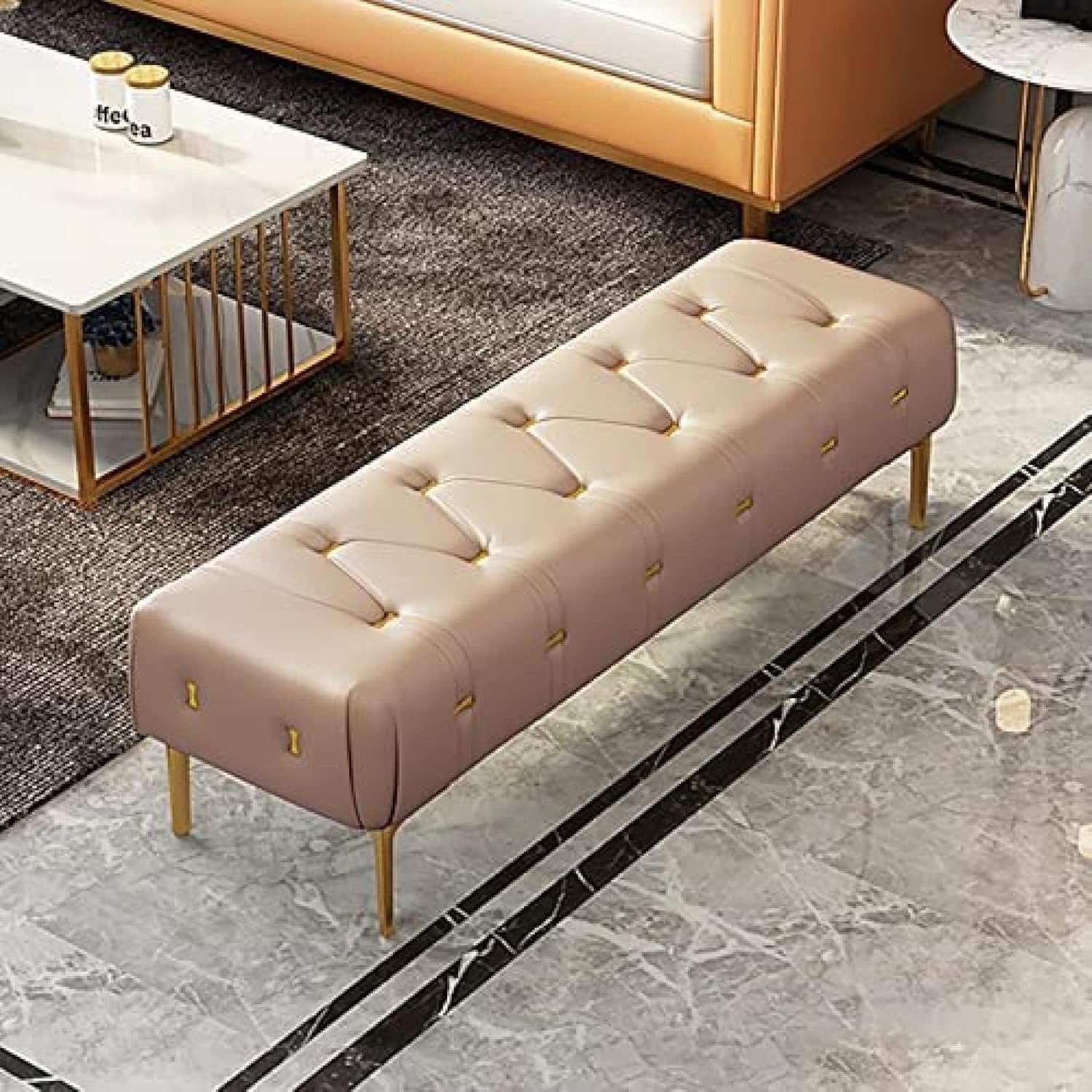 Luxuriöses Bett-Beh, mit Leder gepolstertes Beh-Schlafzimmer-Beh mit goldenen Beinen, Eingangsbereich-Beh, moderner Beh-Sitz, Roségold, 120 x 40 x 43 cm (47 x 16 x 17 Zoll)