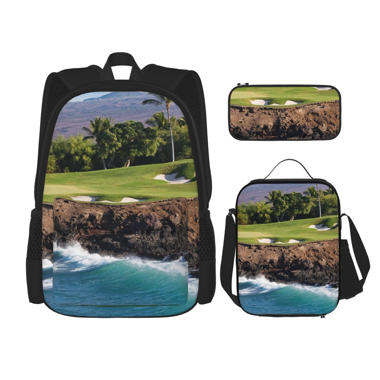 DENMER Mehrzweck-Schulranzen Marienkäfer mit passendem Federmäppchen und Lunchtasche Set - Ihre stilvolle All-in-One-Lösung, Hawaii Beach Golfplatz, Einheitsgröße