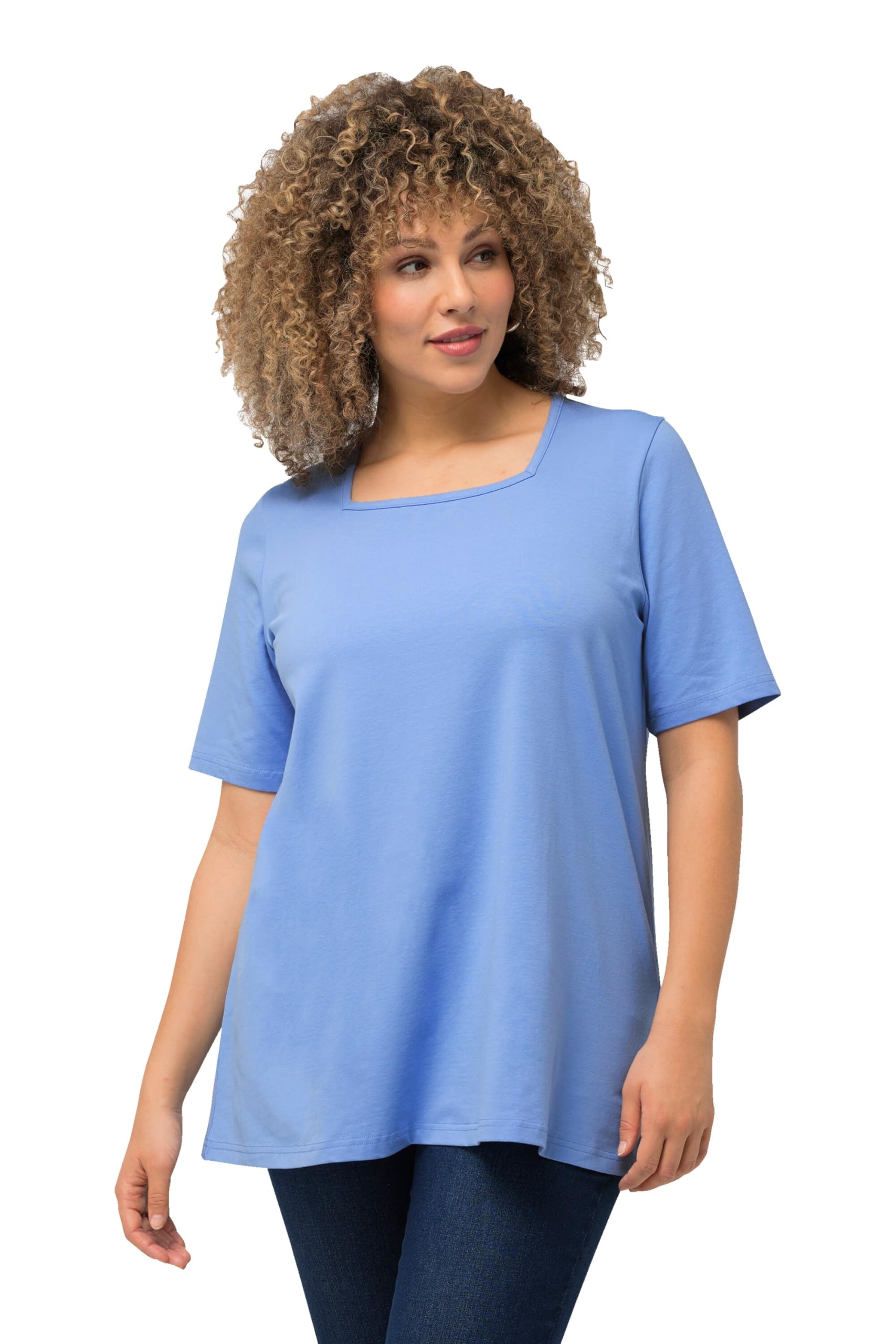 Ulla Popken Damen große Größen Übergrößen Plus Size T-Shirt, A-Linie, Carree-Ausschnitt, Halbarm wolkenblau 50+ 807286718-50+