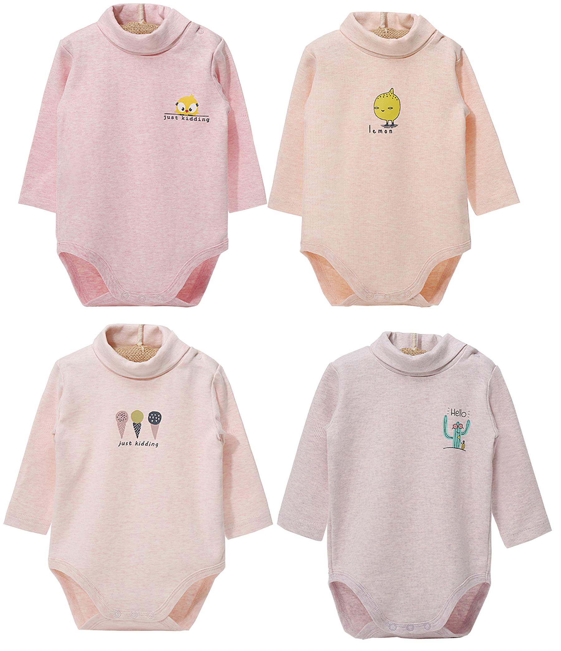 Blueleyu Baby-Body mit langen Ärmeln, Rollkragen, 100 % Baumwolle, 4er-Pack, 4 Stück (Pink Series), 2-3 Jahre