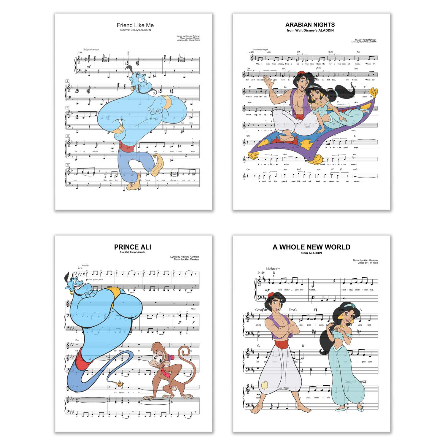 Picture This Prints Aladdin Fotos – Set von 4 Musiknoten (20,3 x 25,4 cm) – Prinzessin Jasmin Genie Au