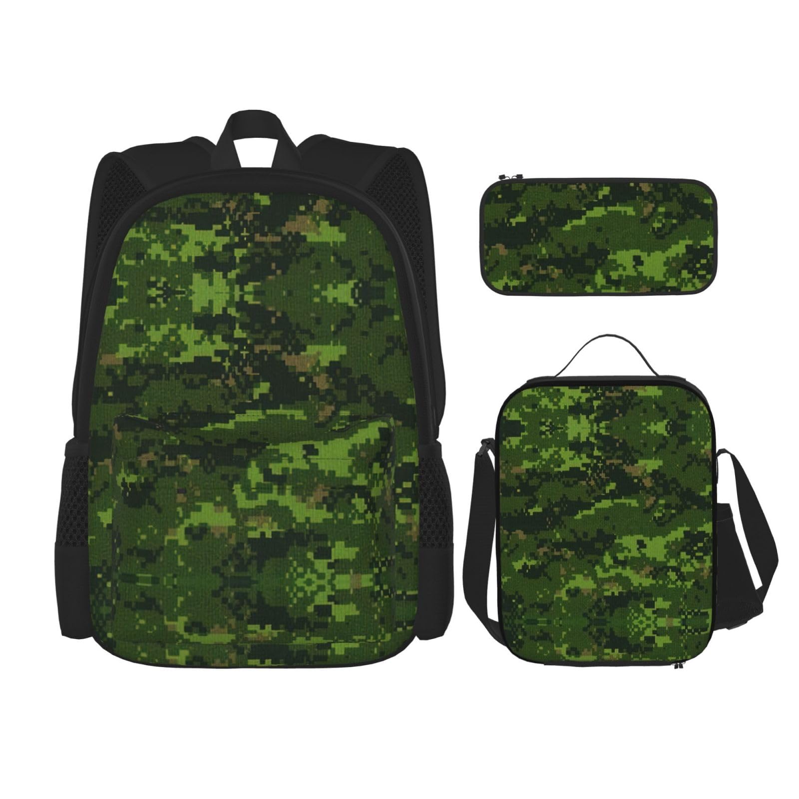 WURTON Grünes Armee-Digital-Tarnmuster, verstellbare Schultergurte, Rucksack-Set, Lunchtasche, Federmäppchen, Kombinationstaschen-Set