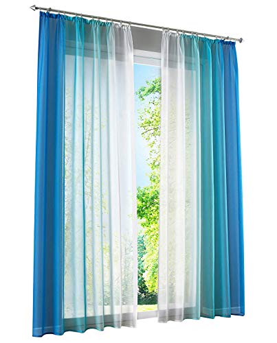 2 Stück Gardinen mit Farbverlauf Design Vorhang Voile Transparent Dekoschal (BxH 140x225cm, Blau mit Kräuselband)