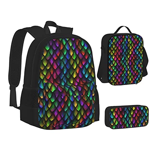 WURTON Rucksack für Teenager, Drachen-Schuppen-Druck, 3-in-1 (Federmäppchen + Schultasche + Lunchtasche)