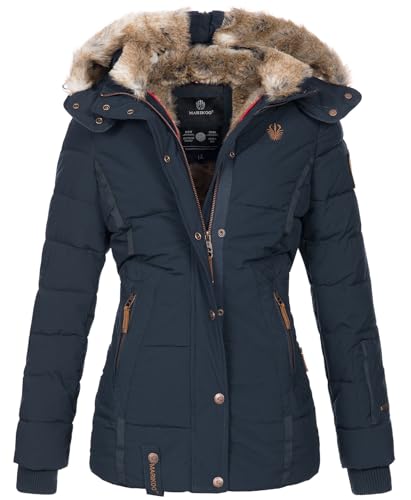 MARIKOO warme Damen Winter Jacke Winterjacke Steppjacke gefüttert Kunstfell B658 [B658-Nek-Navy-Gr.L]