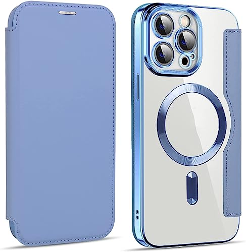 IOTUP Schutzhülle für iPhone 14 Pro, Premium-Leder, transparente PC-Rückseite, schlanke Klapphülle mit Kameraschutz, kabelloses Laden, kompatible Handyhülle für iPhone 14 Pro (Farbe: Blau1)