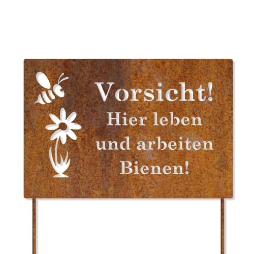 Feuerfest 123 - Edelrost Schild Biene 30x20 cm, Gartenschild aus Cortenstahl, Rostige Gartendeko in Handarbeit gefertigt, unempfindlicher & langlebiger Deko-Rost, Made in Germany