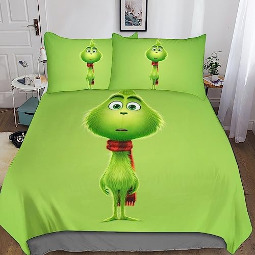 UKALOU The-Grinch 3D-DruckCartoon-Animation Bettwäsche Set Mit Reißverschluss, Superweiche Mikrofaser Bettbezug Und Kissenbezüge, Kinder Double（200x200cm）