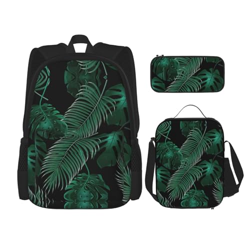 WURTON Schulterrucksack, Bananenblatt-Motiv, 3-in-1, Büchertaschen-Set, Lunchbox, Federmäppchen, Reise-Laptop, Tagesrucksäcke, Schwarz, Einheitsgröße