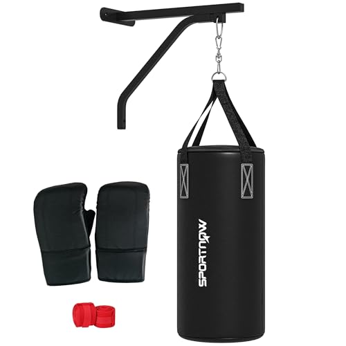 SPORTNOW Boxsack Wandhalterung Boxsack Ständer mit Handschuhen, Handschlaufen und 360°-Drehhaken， Einstellbare Boxsack Halterung für Punch Bag, Sandsack, Stahl, Schwarz