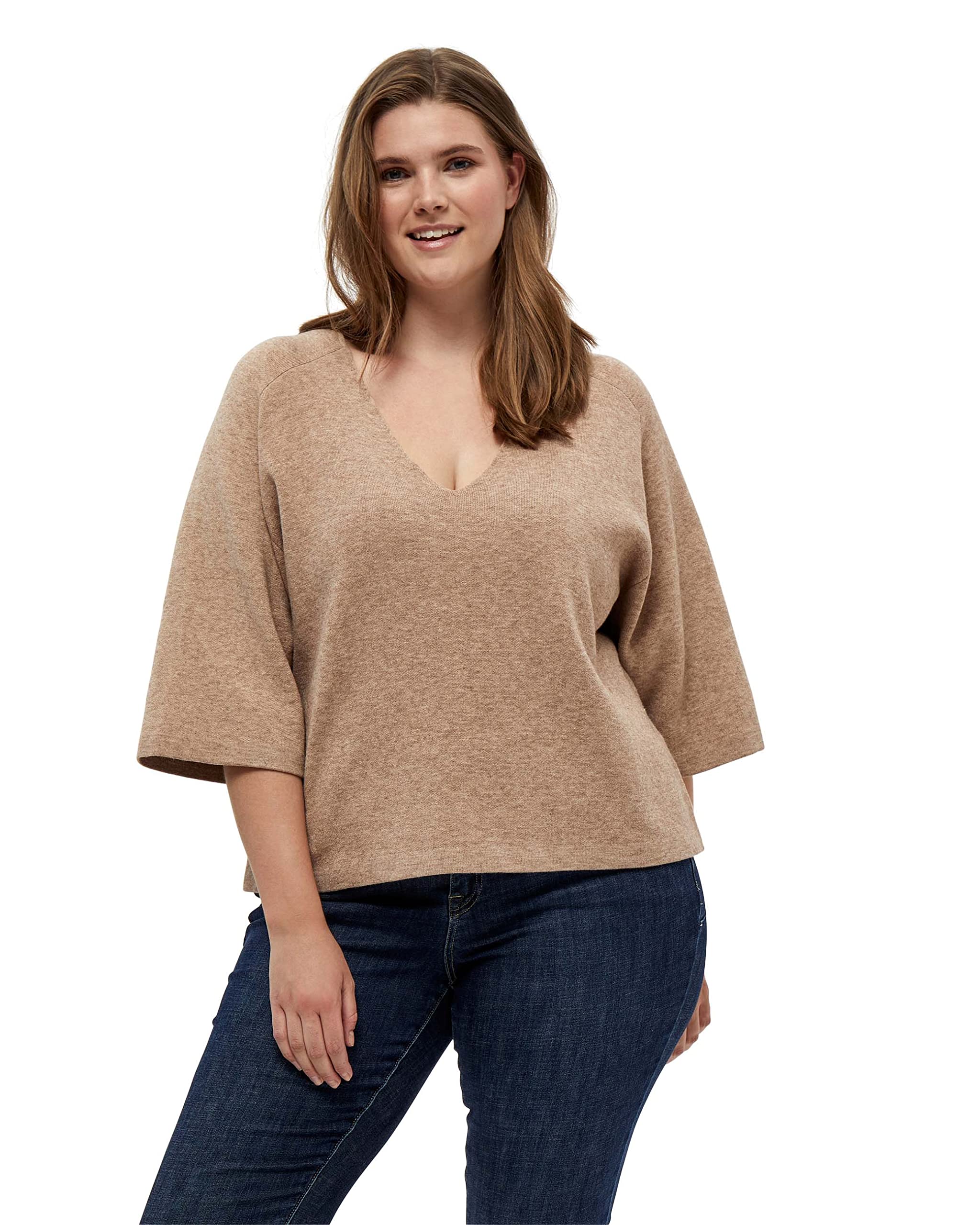 Peppercorn Rosalia V-Neck Halb Ärmel Strickpullover Kurve | Pullover Damen In Braun | Frühling Pulli Damen | Größe 48