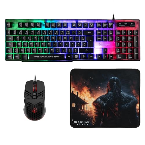 Konix Drakkar Pack d'accessoires gaming Barbarian pour PC - Clavier filaire AZERTY rétroéclairage LED - Souris filaire 102 g - Tapis de souris viking