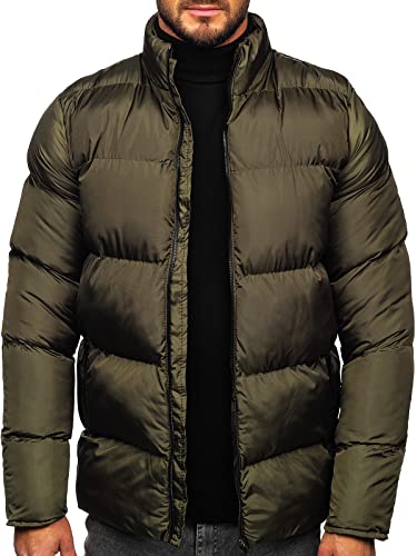 BOLF Herren Winterjacke Steppjacke mit Kapuze Daunenjacke Pufferjacke Sportjacke Zip Wärme Freizeit Outdoor Basic Casual Style 0025 Khaki XXL [4D4]