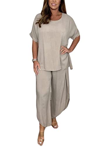 WINDEHAO 2-teiliger Hosenanzug mit Ärmeln für Frauen,Hosen mit lockeren,fließenden Ärmeln,Plus Size 5XL 2 Piece Solid Color Suit (Light Khaki,XL)