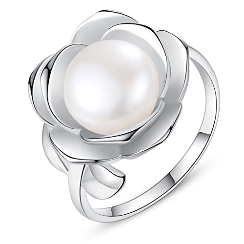 VOYADE Einfacher Verstellbarer Perlenring Aus S925-Sterlingsilber, Süßwasserperlenring in Modeblumenform, Einzigartiges Geschenk Für Frauen,Silber,10