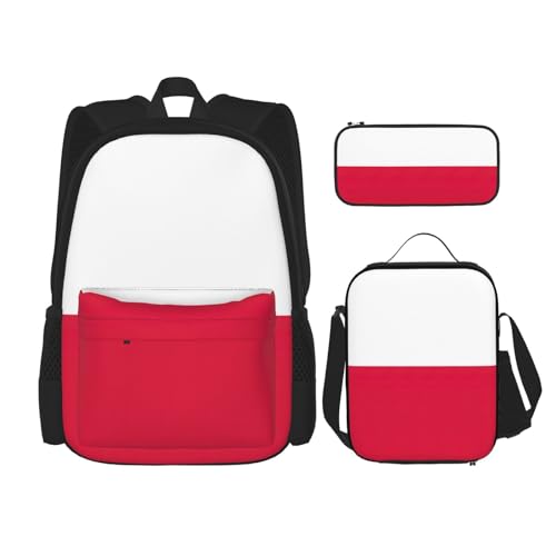 WURTON Trendige Rucksacktaschen mit polnischer Flagge, Lunchbox und Federmäppchen, 3-in-1, verstellbares Rucksack-Set