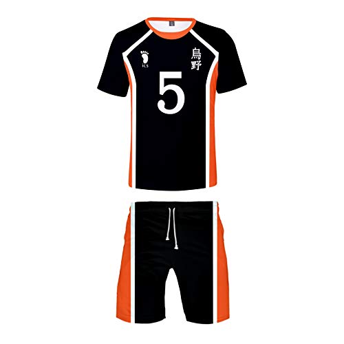 QYIFIRST Unisex 3D Druck Anime Kurzarm Hemd Kurze Hose Strandhose Jersey Set Karasuno High School Volleyball Club Tanaka Ryuunosuke No.5 Cosplay Kostüm für Herren Damen Schwarz 4XL(Chest 122cm)