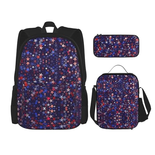 WURTON Rucksack mit amerikanischem Druck, für Mädchen, Jungen, Schultaschen, Teenager, Lunchbox und Federmäppchen, 3-in-1 Büchertaschen-Set