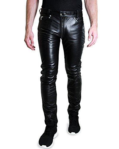 Bockle® 1991 Gay-Zip Leder Jeans Tube Röhre Skinny Slim Fit Herren Lederhose mit durchgehendem Reißverschluss Zip Lederjeans Herren Echtleder, Size: 38W / 36L