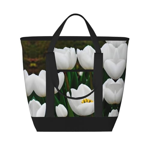 YQxwJL Isolierte Kühltasche mit weißem Tulpenblumendruck, großes Fassungsvermögen, Einkaufstasche, Reisetasche, Strand, wiederverwendbare Einkaufstasche für Erwachsene, Schwarz, Einheitsgröße