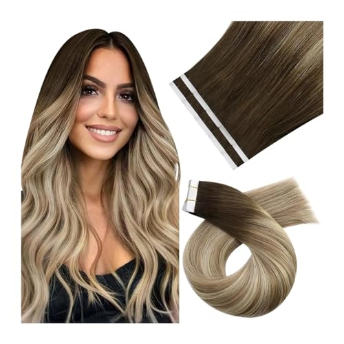 Haar-Tape-Extensions Tape-in-Haarverlängerungen, Echthaar, selbstklebende Haarverlängerungen, dunkle Wurzeln, Balayage-Farbe, 3 8 22 Blond, doppelseitiges Klebeband Unsichtbares Tape im Haar(10 pcs 25