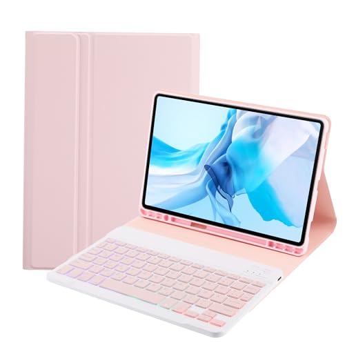 SUEEWE Tastatur Hülle für iPad Air 11" 2024 (A2902) & iPad Air 5./4. Generation, TPU Rückseite Hülle mit 3 Bereich 7 Farbe Beleuchtete Abnehmbarer QWERTZ Tastatur, Rosa