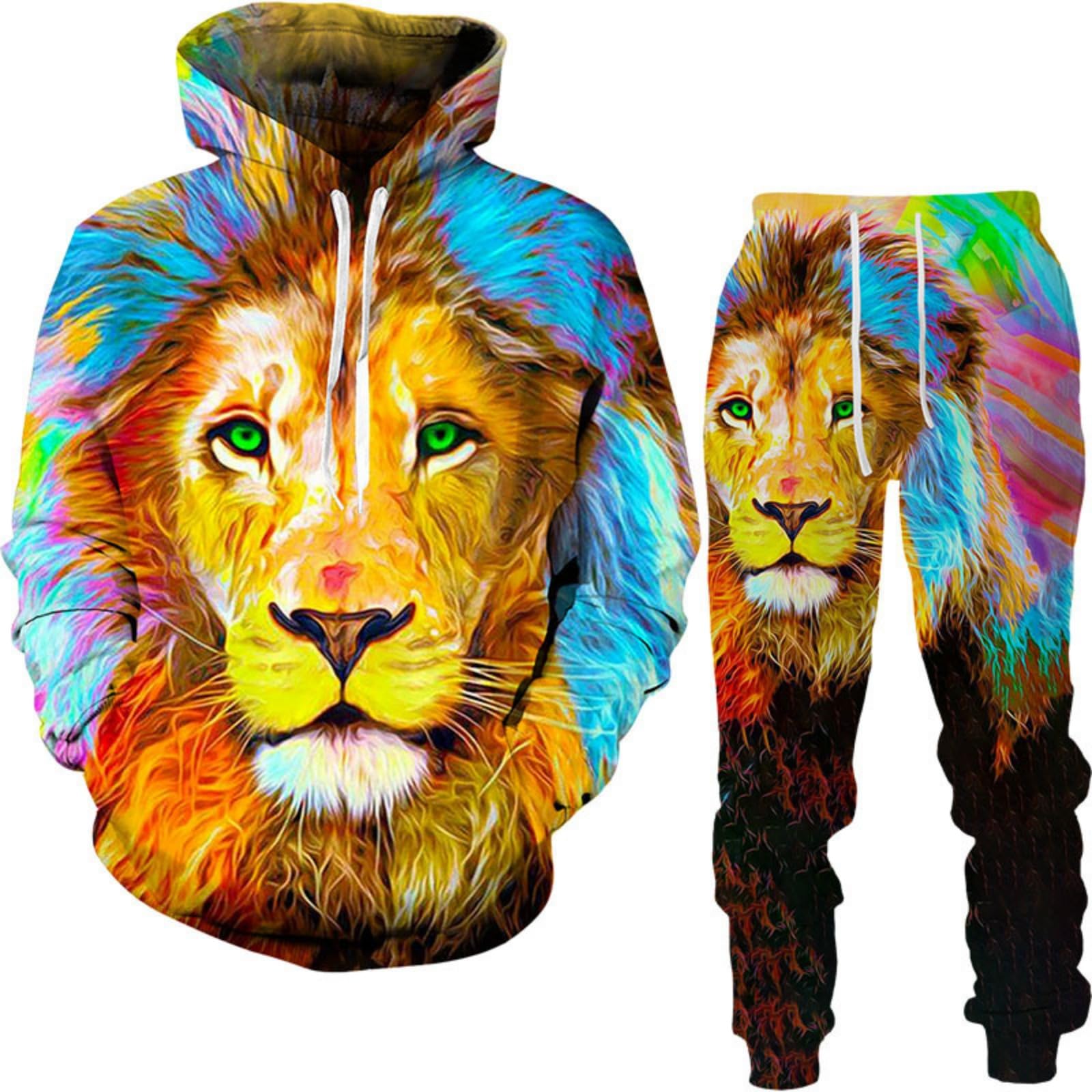 RIAAJ 3D wolf Jogginganzug Herren Jogging Sportanzug Fitness Sporthose Hose Hoodie Herren Trainingsanzug Zweiteiliges Set Freizeitanzug mit Löwen Tigermuster Sportsw (A2,S)