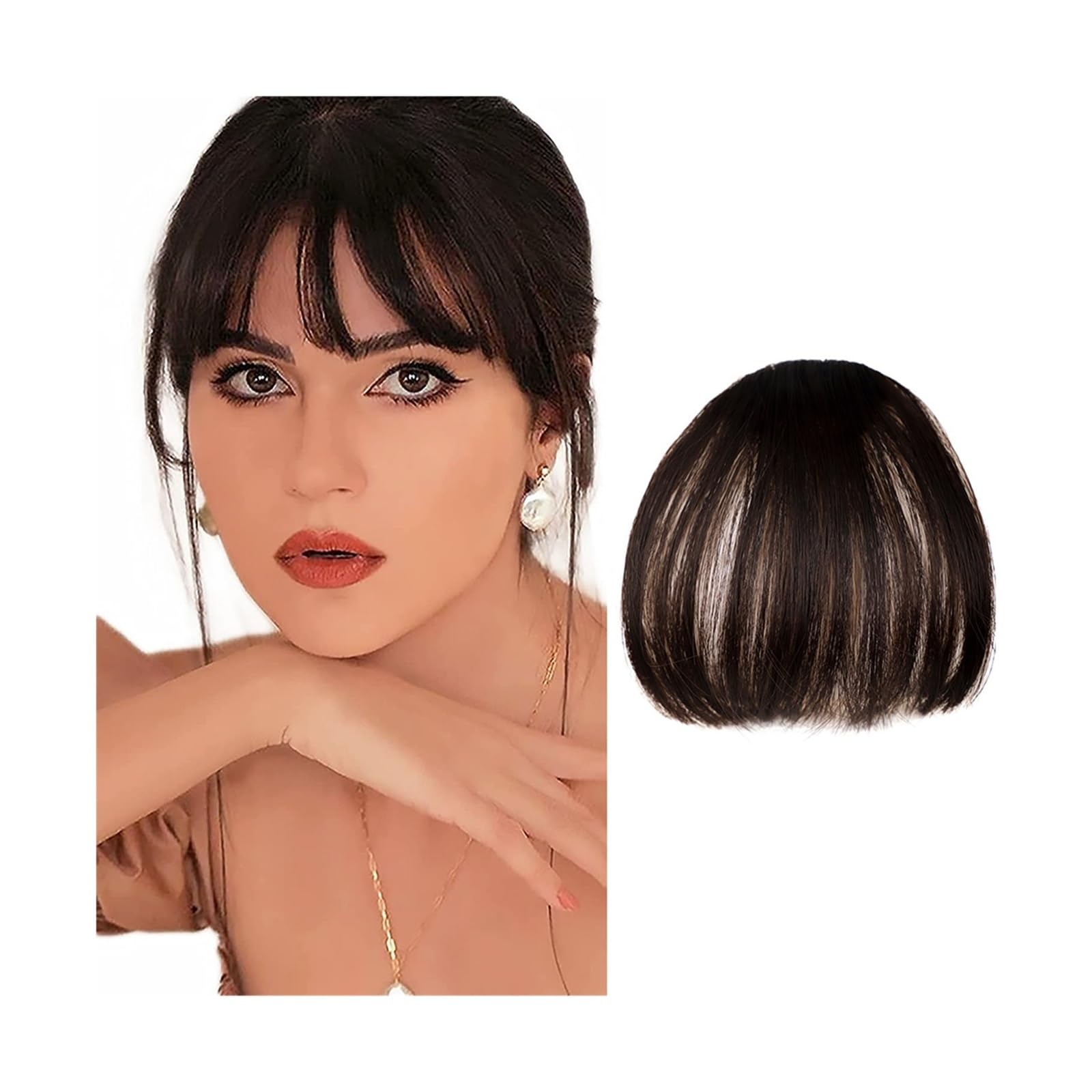 Pony Extension für Damen Fransen-Pony-Kunsthaarverlängerung, Clip-in-Pony, kurzes, gerades Haarteil, vorne, ordentlicher Knall, zwei seitliche Mini-Haar-Pony Fringe Bangs(4)