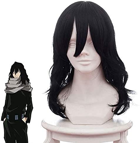 LINLINCD-Anime Coser Wig My Hero Academia Wig Shouta Aizawa Gummikopf Cosplay Wig Black Long Wavy Curly Cosplay Perücke Cosplay Haar Boku No Hero Akademia Wig