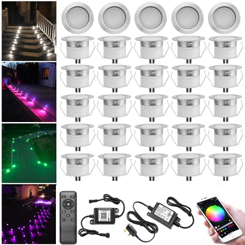 30er RGB LED Bodeneinbauleuchten Aussen WIFI DC12V Ø45mm IP67 Wasserdicht Einbauspots LED Terrasse Einbaustrahler Bodeneinbaustrahler Kit Arbeitet mit Alexa,Google Home