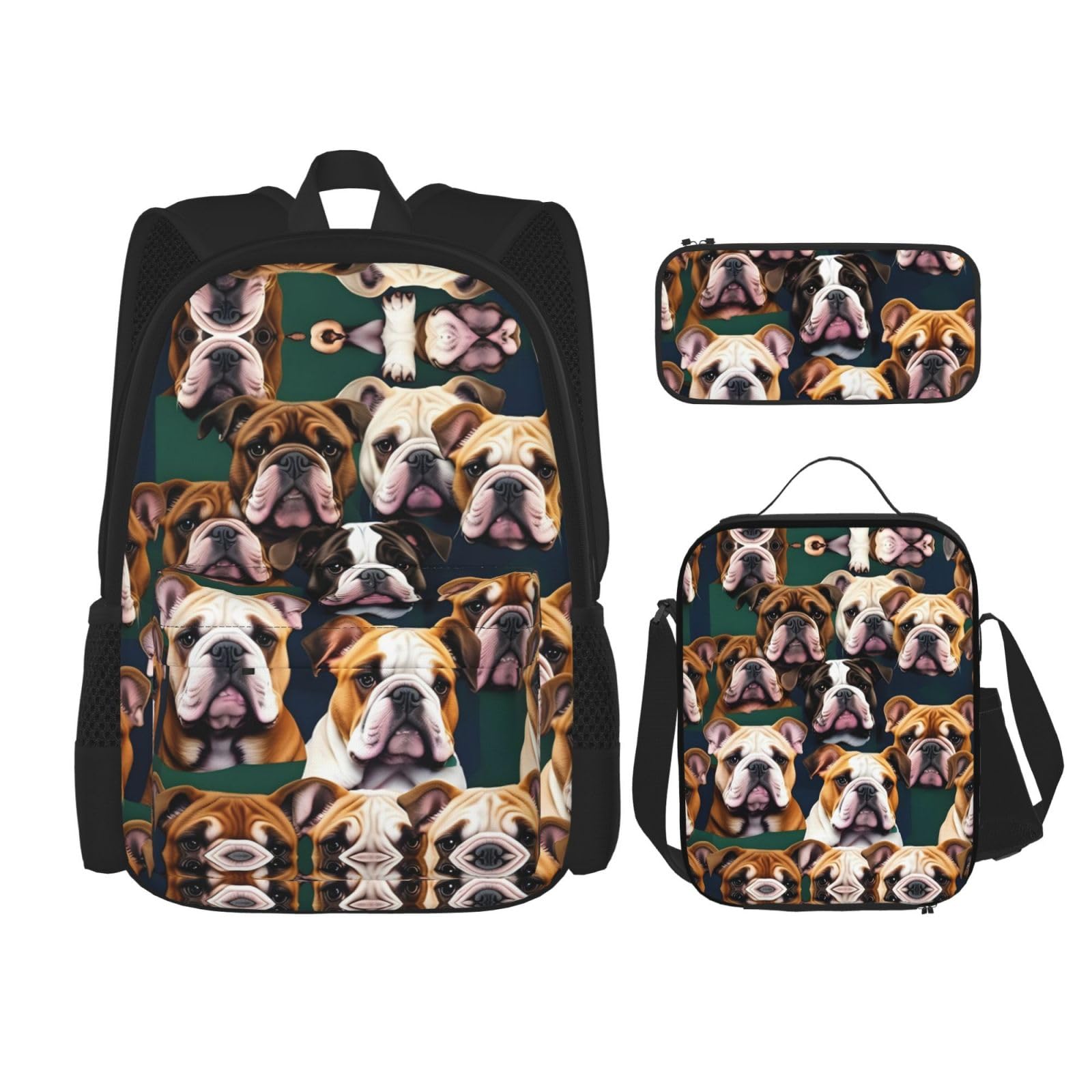 YQxwJL 3-in-1-Rucksack-Büchertaschen-Set, niedlicher Goldfisch-Druck, lässiger Reiserucksack, mit Federmäppchen, Lunchtasche, Niedliche englische Bulldogge, Einheitsgröße