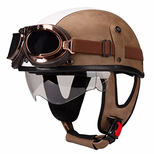 Retro Motorradhelm Leder Halbhelme Halbschalenhelm Jethelm ECE/DOT Zertifiziert Open Face Helm Rollerhelm Mopedhelm Cruiser Chopper Helm Anti-Collision Helmet Scooter-Helm