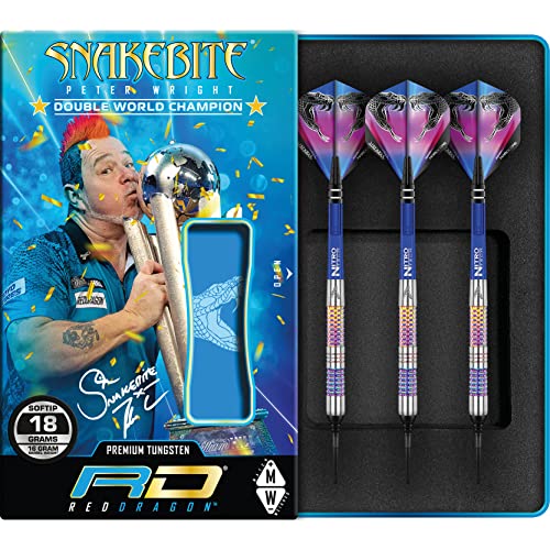 RED DRAGON Peter Wright Snakebite Rainbow Mamba Soft-Tip - 18g - 90% Tungsten Steel Dartpfeile mit Snakebite Flights, Schäfte & RED DRAGON Checkout Card