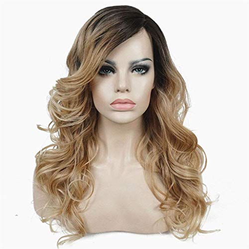 LINLINCD-100% Kanekalon hitzebeständige Kunstfaser Lace Front Perücken langes lockiges welliges hellbraunes Ombre dunkle Wurzeln natürliches Haar 22inches Gold