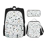 WURTON Terrazzo Marmor-Pastell-Druck, trendige Rucksacktaschen, Lunchbox und Federmäppchen, 3-in-1, verstellbares Rucksack-Set, Schwarz , Einheitsgröße