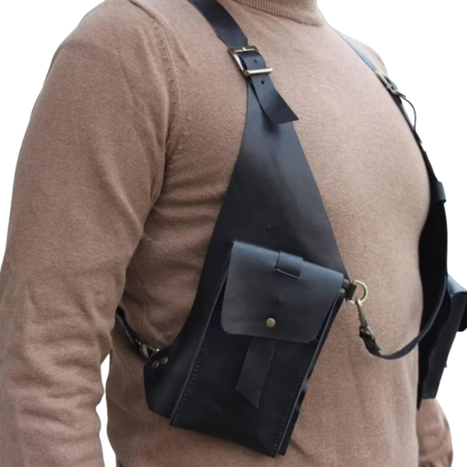 MDFCZXP Leder Doppelte Schultertasche - Anti-Diebstahl Versteckter Achselgurt Brieftasche Verstellbare Schulter für Wikinger Kostüm Cosplay,Schwarz,20cm