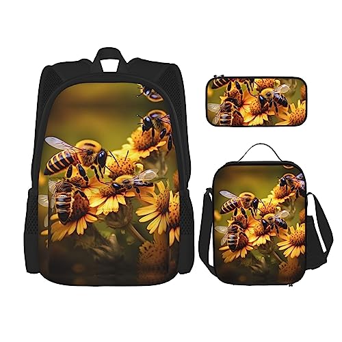 WURTON Ländliche Honigbienen Blumen Druck Reise Lunchbox Federmäppchen Rucksack Set 3 Stück Verstellbare Träger Leicht, Schwarz, Einheitsgröße