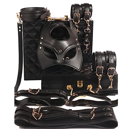 BDSM 7 Stück Sex Bondage Set SM Fetisch Erotik Einstellbar Halsband Handschellen Augenbinden SM Bondage Sex Spielzeug Szenen Cosplay Handgelenk Nacken Fesseln Sexspielzeug für Paare Extrem,Black