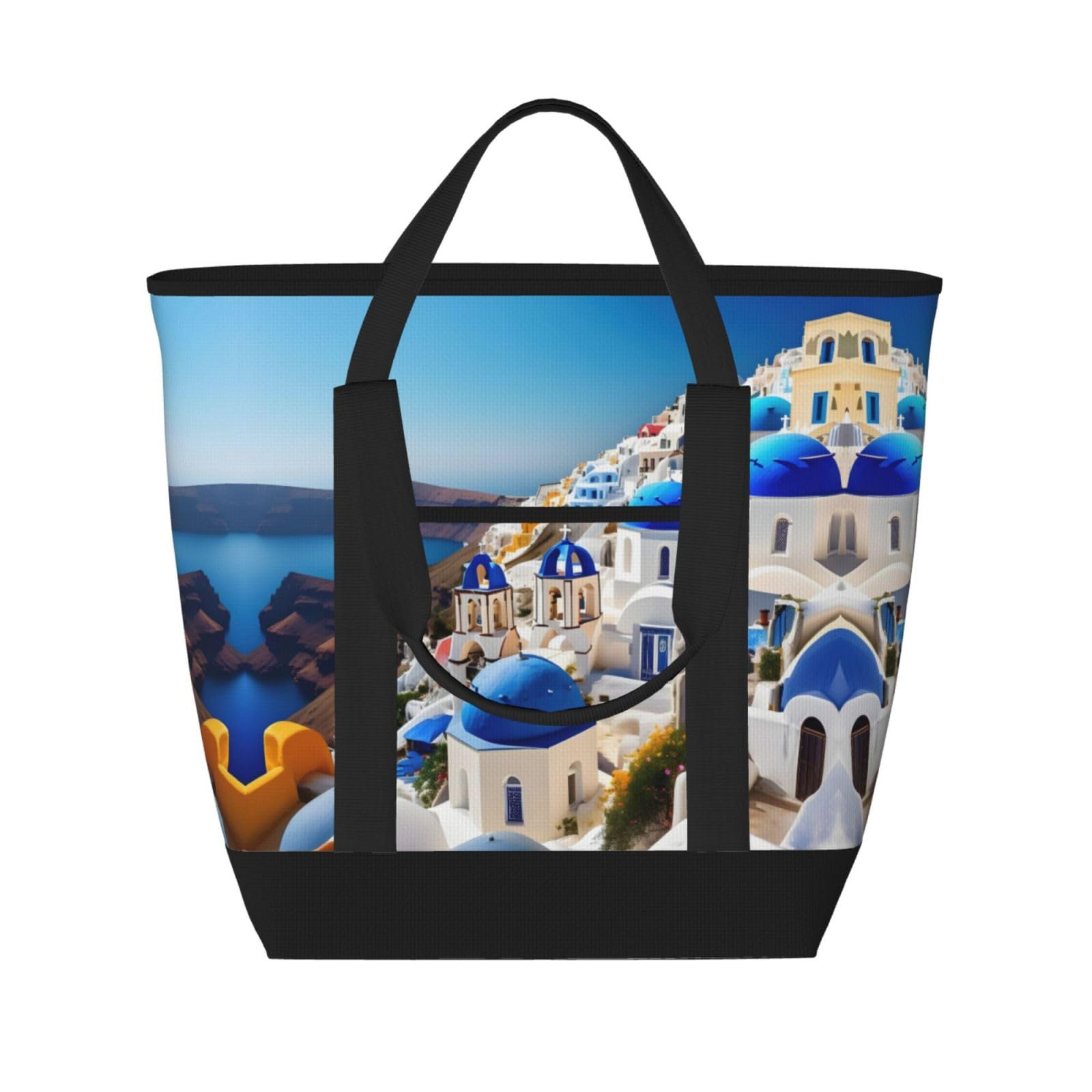 YQxwJL Santorini isolierte Kühltasche, Einkaufstasche, Einkaufstasche, für Reisen, Strand, wiederverwendbar, für Erwachsene, Schwarz, Einheitsgröße