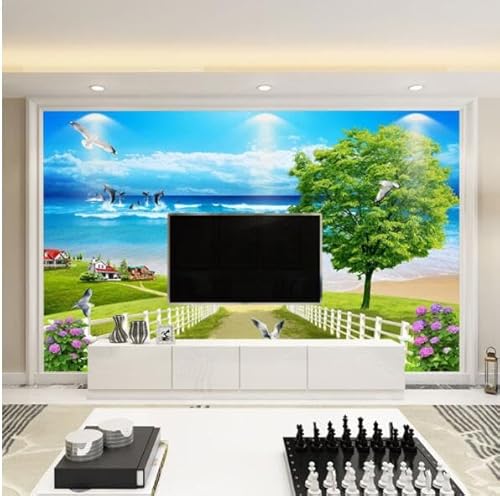 tyujlkjddlf Tapete Wandbild 3D Benutzerdefinierte 3D-Meerblick-Tapete, Tv-Hintergrund, Wandtapete, 8D-Wandbild, Mediterraner Strand, Wohnzimmer-Wandverkleidung-450Cmx300Cm